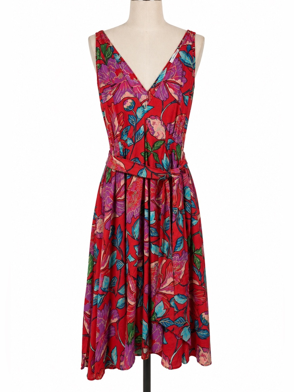 & Other Stories Women’s  Red Floral V-Neck Dress with Teal & Purple Accents. 12